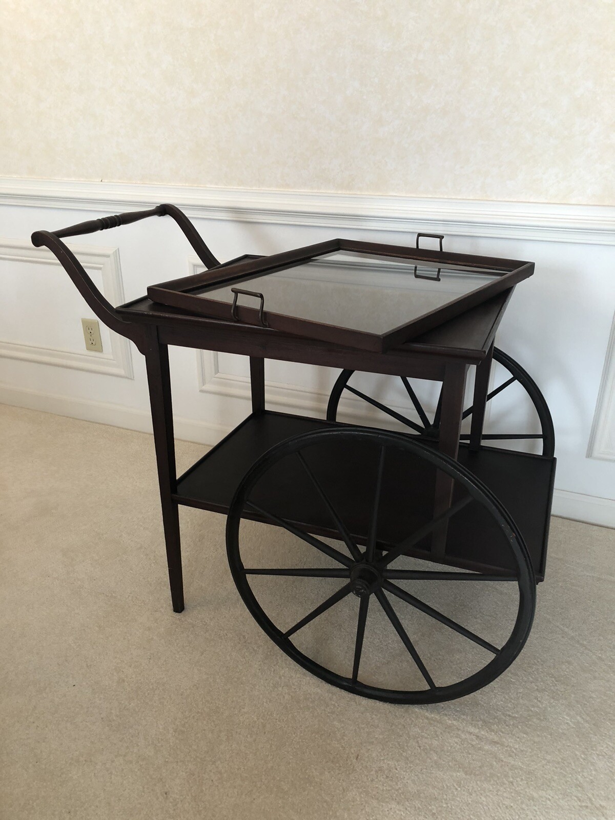 Antique English Tea Cart with Glass Service Tray Top & Mahogany Wood eBay