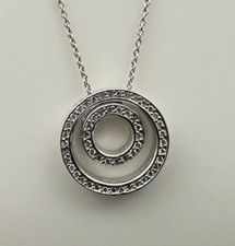 Natural Diamond set, Floating Circle in Circle 14k Solid White Gold Necklace