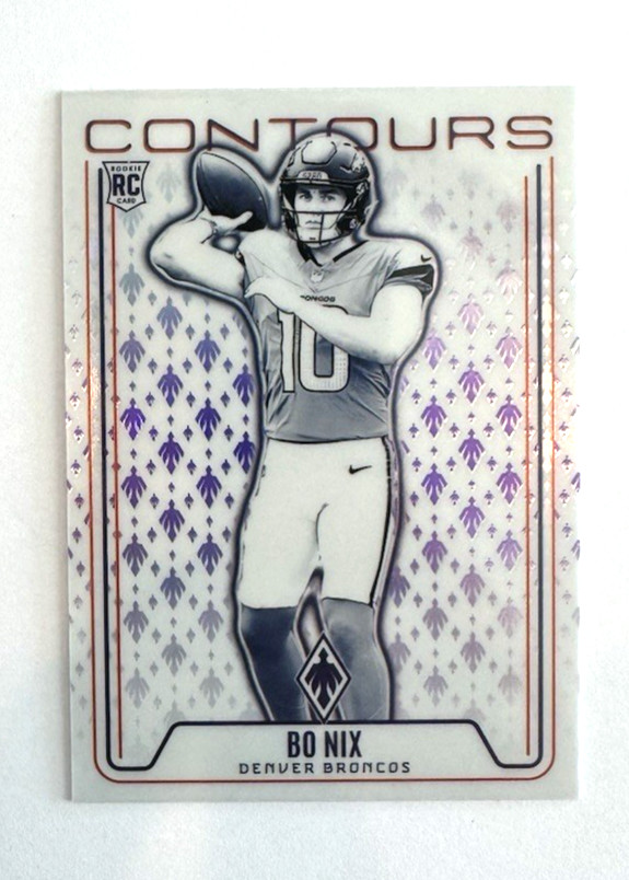Bo Nix 2024 Panini Phoenix CON-BNX Contours Purple Rookie Card Denver Broncos