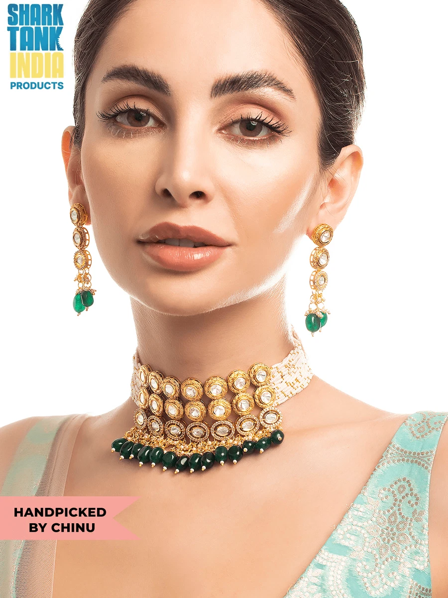 Rubans Exquisite 22K Gold Plated Kundan Polki Choker Set Dark