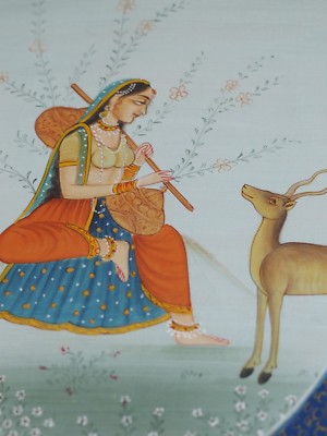 India Hindu Miniature painting Shiva Radha and deer on silk 8.5 x 