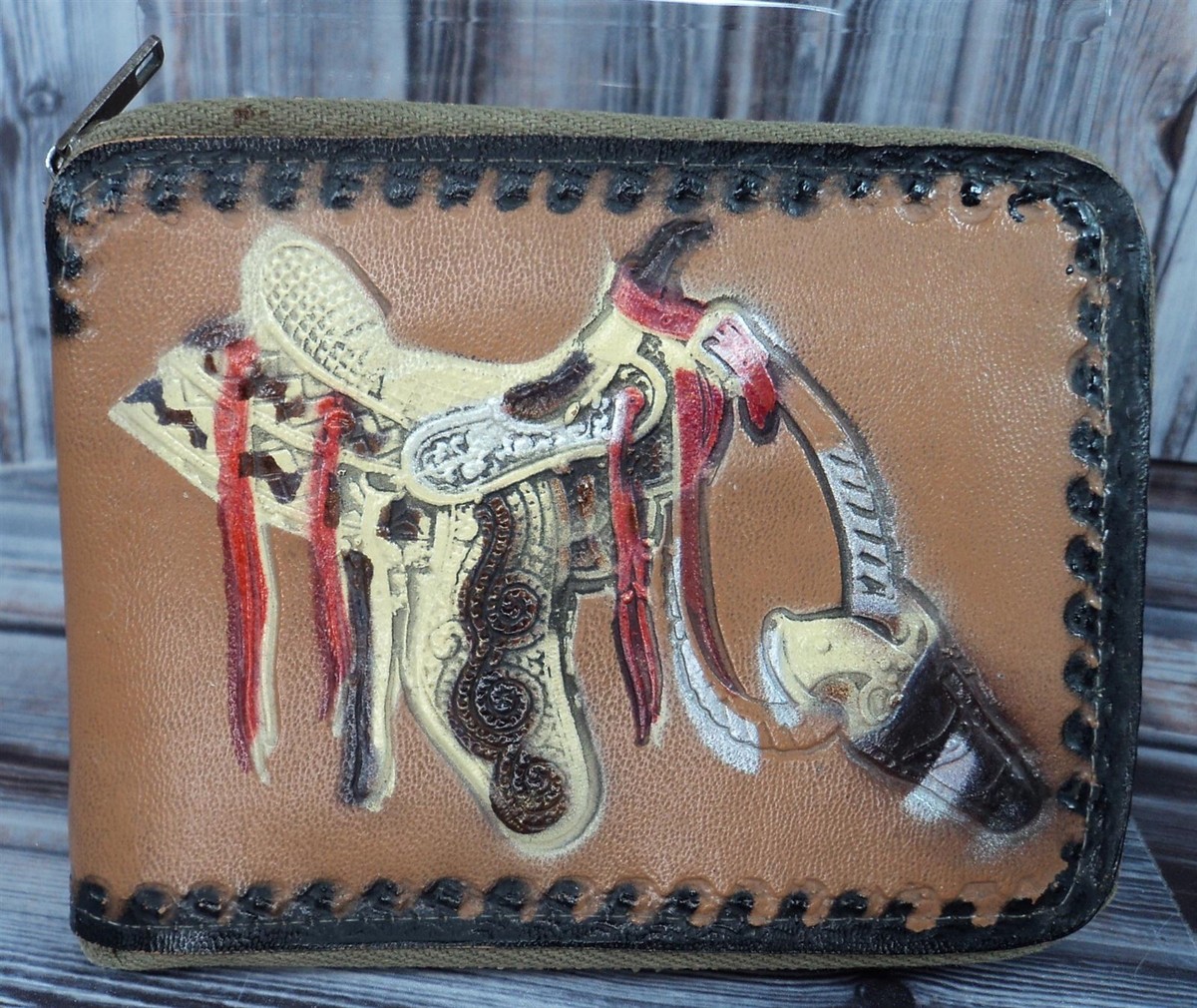 VTG Kids Zip-Close Western Wallet Featuring a Horse Saddle w