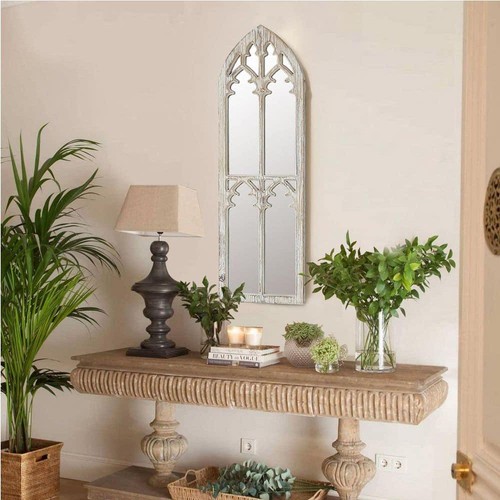 LuxenHome Wall Mirror 12.2"x38"Rustic Wood Cathedral Arch Framed Weathered White - Picture 2 of 9