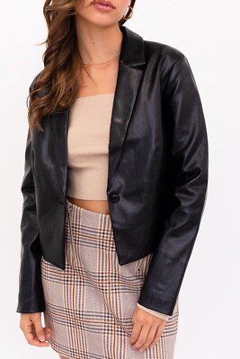 NEW LE LIS VEGAN BLACK LEATHER CROPPED BLAZER SIZE S