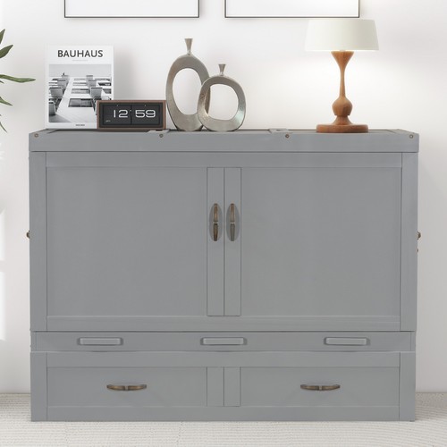 Queen Size Murphy Bed USB Ports Large Drawers Metal Handles,Gray