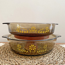2 VTG Jeanette Glasbake Smoked Amber Yellow Flower Bakeware Casserole Dish 1970s