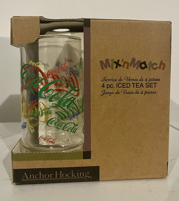 Coca-Cola Mix 'n Match Anchor Hocking 4pc Iced Tea Glass Set Clear Multicolor