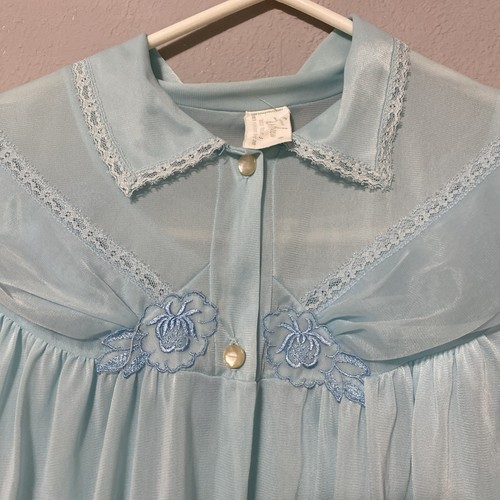 Camicia da notte vintage blu verde TexSheen lingerie e top nylon pizzo orlo pigiama S - Foto 7 di 18