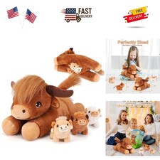 4 Pieces Highland Cow Stuffed Animals - 1 Mommy Stuffed Highland Cow with 3 B...