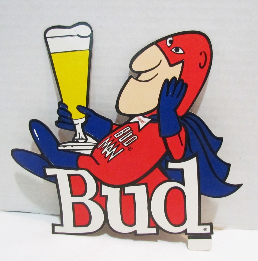 BUDWEISER BEER 1970's BUD MAN W/ PILSNER GLASS PROMO STICKER BUDMAN VINTAGE
