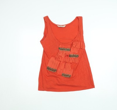 Zara Basic Damen Tanktop Orange Baumwolle Perlen Rüschen L