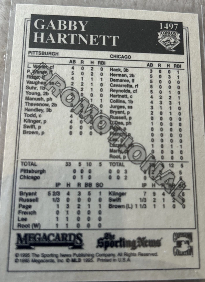 1995 The Sporting News Mega Cards Gabby Hartnett Promotional #1497 Chicago Cubs - Image 2 of 2