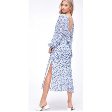 C20 Emory Park Blue & White Floral SheerBalloon Sleeve Midi Dress Open BOW Back