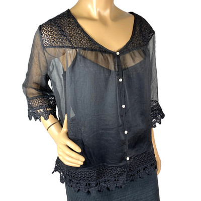 Sacred Threads Sheer Black Top Crochet Trim Size OS 