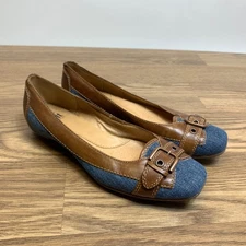 Sofft Womens Flats Brown Leather Denim Blue Loafers Buckle 7 M Driving Moc