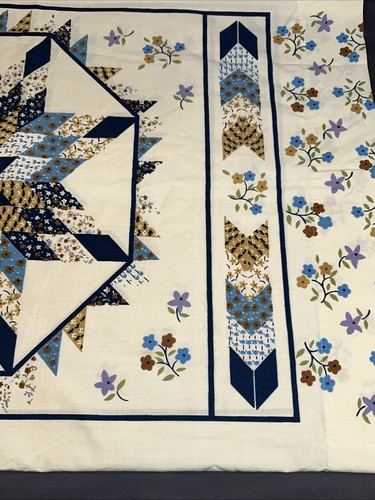 Vtg Quilt Star Pattern Blue Golden Yellow Pillow Case Set Farmhouse Boho - Picture 7 of 12