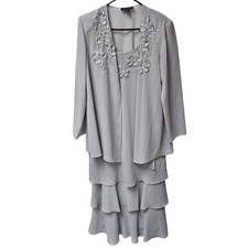 R M Richards Womens Grey 2pc Beaded Floral Tiered Chiffon Dress Jacket Set 16