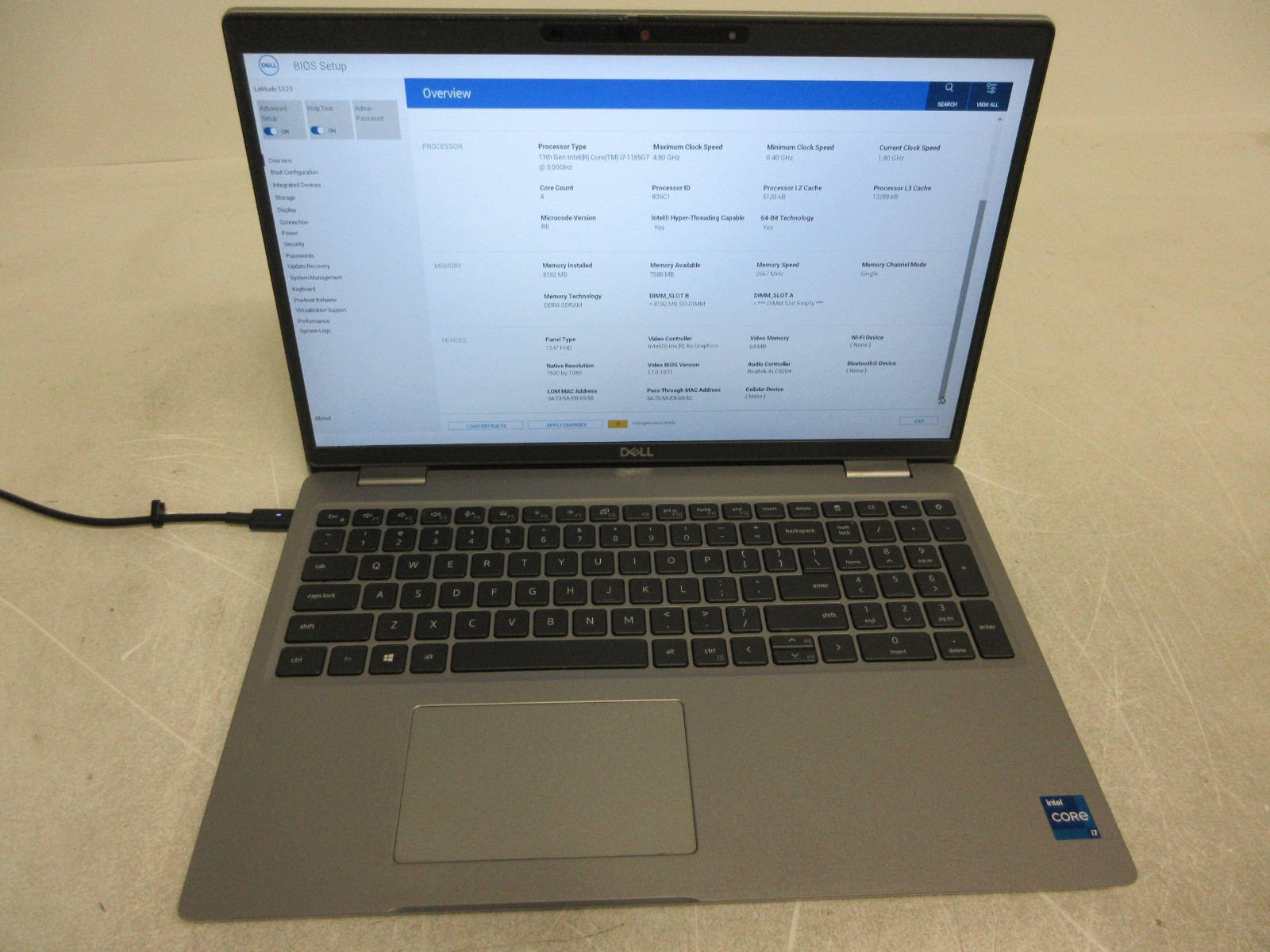 Dell Latitude 5520 Core i7-1185G7 3.00GHz No HD No Pwr Adapter No Bottom Cover