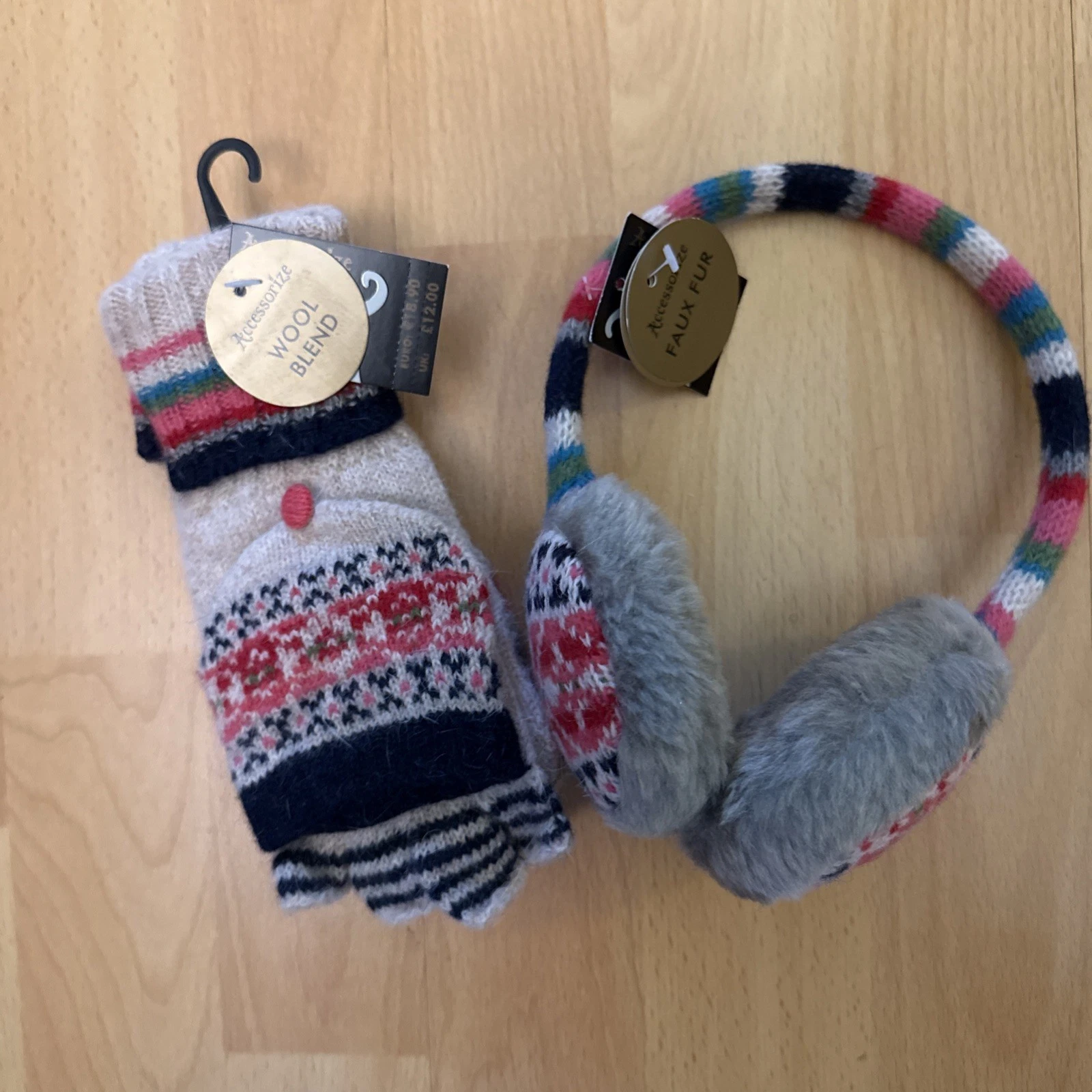 Accessorize Wool Blend Fingerless Gloves Mitt & Faux, Fur Matching Earmuffs