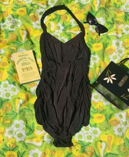 1950s Rose Marie Reid Magic Lengths Black Rusched Swimsuit Vintage Small Pinup