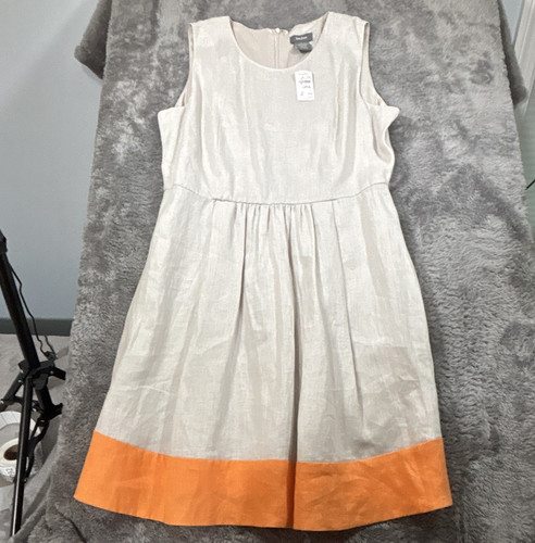 Neiman Marcus Beige/Orange Colorblock A-Line Knee Dress Round Neck Linen L