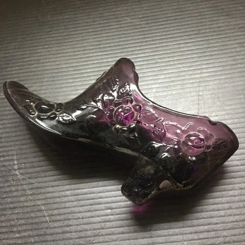 Vintage 1980s Amethyst Purple Pressed Glass Shoe Figurine w/  Rose Detail 6"L