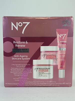 No7 Restore and Renew Face & Neck Multi Action Kit Day/Night Cream Serum 08/2026
