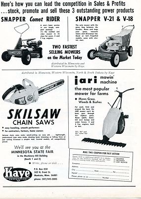 1971 Dealer Print Ad Kaye Corp Snapper Comet 30 V21 V18 Mower Skilsaw Chain Saw