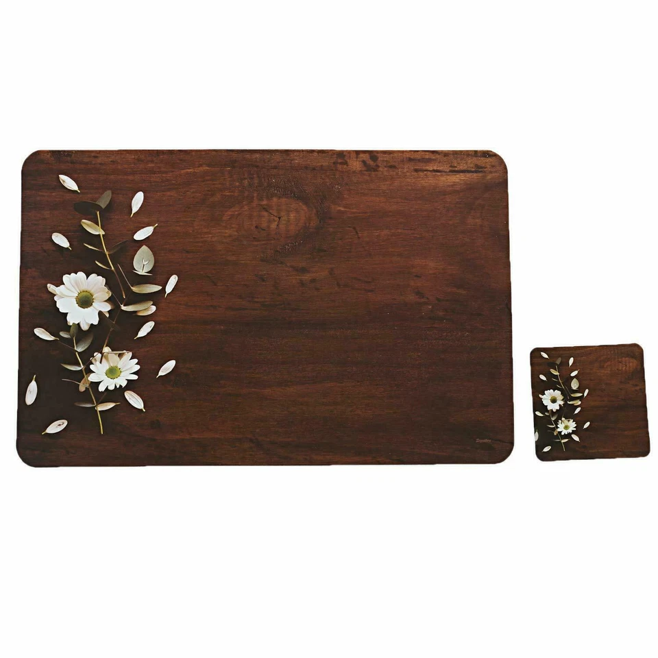 Beautiful Wood Design Floral PVC Dining Table Placemat with Tea Coaster Set Of 6 - Image 4 of 4