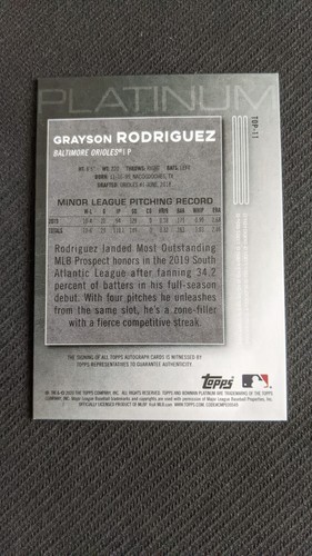 2020 TOPPS PLATINUM GRAYSON RODRIGUEZ TOP-11 AUTO AUTOGRAPH - Picture 2 of 2