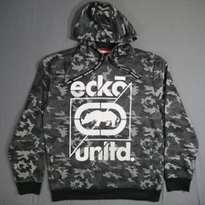 Ecko Unltd Hoodie Men's Size Large Black Pullover Rhino Gray Black Camo Pockets