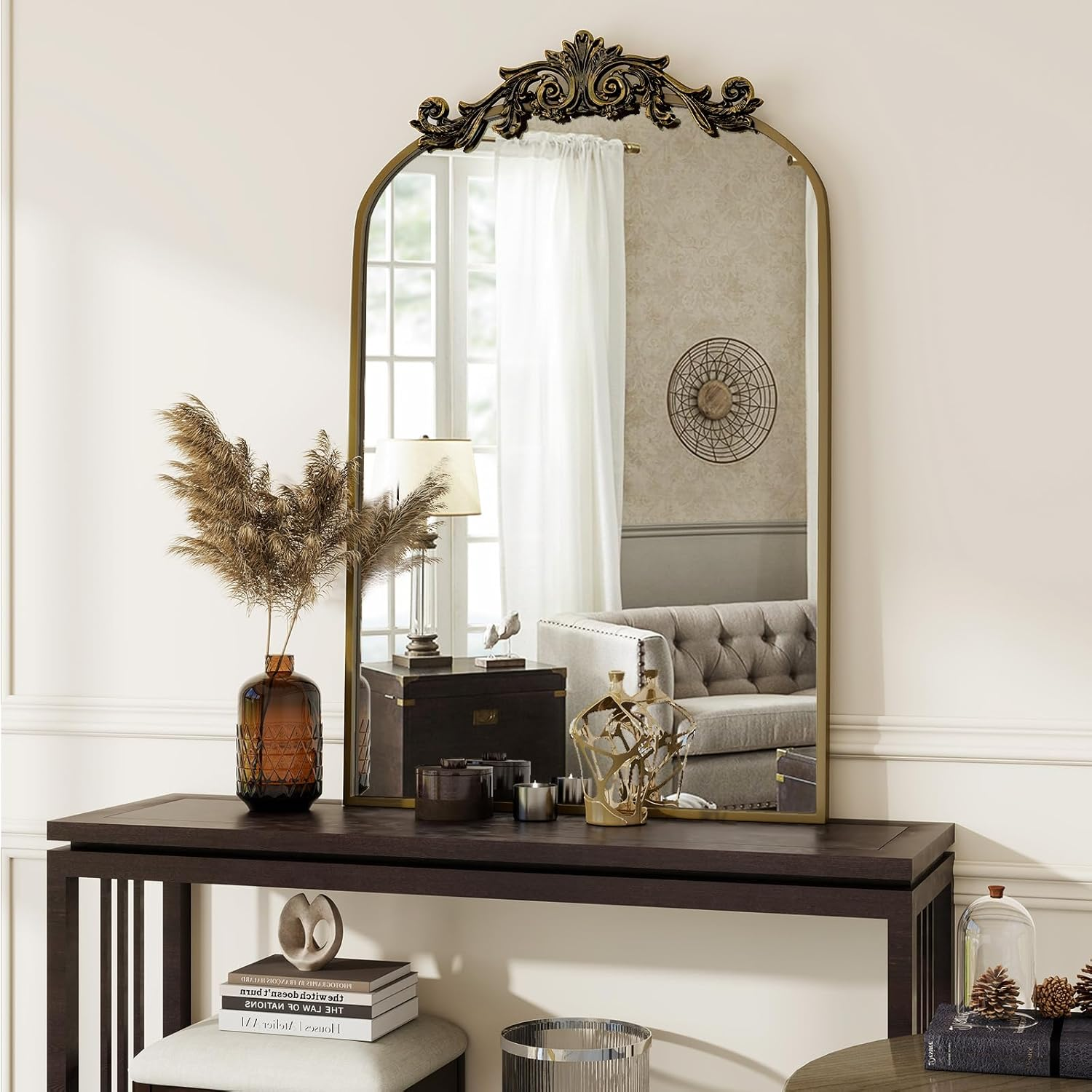 Vintage Arched Wall Mirror, 26X38 Inch Retro Arch Bathroom Mirror, Carve Pattern