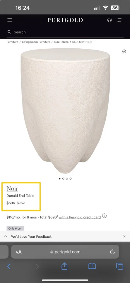 Боковой/концевой столик из белого волокна Noir «Donald» - Изображение 2 из 3