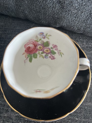 Rare Adderley Floral Bone China Black Teacup & Saucer Made In England - Picture 2 of 7