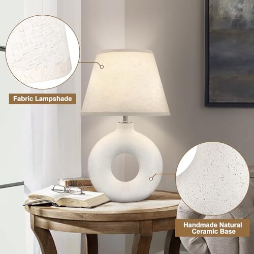 Boho Table Lamp for Living Room Bedroom, 21" Modern Ceramic Bedside Lamps White - Picture 5 of 7