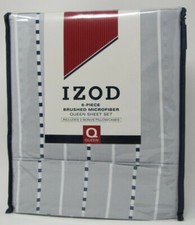 IZOD 6 PC BRUSHED MICROFIBER QUEEN SHEET SET GREY NAVY BLUE WHITE SPERRY STRIPE