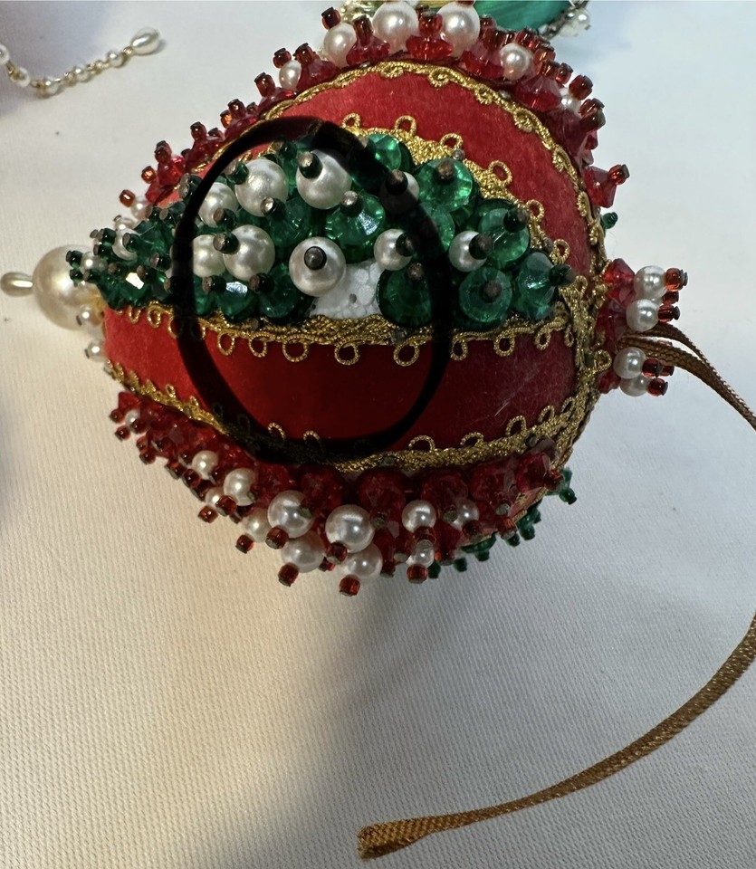 12 Vintage Christmas Ornaments Handmade Push Pins Beads Sequins Balls