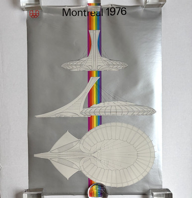 Vtg 1976 Montreal Summer Olympic Games Poster Stadium Rainbow 1972 COJO 33'' x 23
