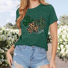 Women's Tri-Color Clover Print T-Shirt - Casual Short Sleeve Crew Neck Tee, Soft