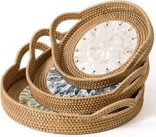 Round Rattan Tray Set (3-Piece) with Mother of Pearl Inlay & Wooden Base | De...