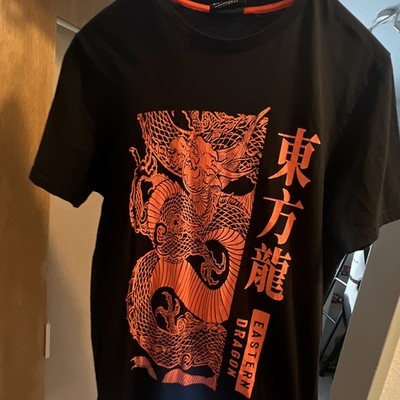 MUCH MORE Herren T-Shirt schwarz/orange Kurzarm Rundhals Drache Druck Gr. L