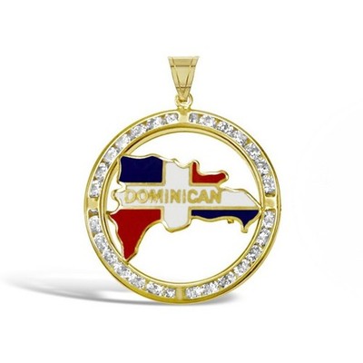 14K Gold Dominican Republic Flag Map Pendant Round Charm CZ 1.2''