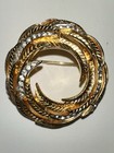 Leaf Circle Swirl With Rhinestones 1950s Vintage Signed Jomaz Brooch Gold Tone