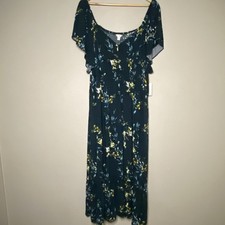 Terra & Sky Midi Dress Size 3X 24W-26W Green Gold Smocked Flutter Sleeve New