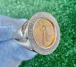 Authentic 2 CT Round Moissanite Men's Liberty Coin Engagement Ring 14K Yellow Gold Plated
