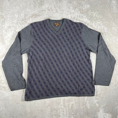 Michael Kors Sweater Mens XL V-Neck Gray Purple Plaid Geometric 100% Cotton