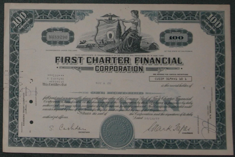 First Charter Financial Corporation 1977 100 Shares - Bild 1 von 1