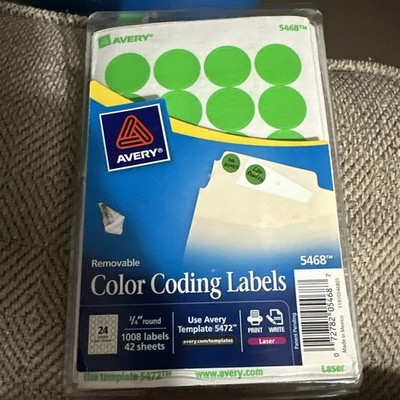 28 Sheet Lot, Avery 5472 Printable Green Color Coding Labels 3/4'' Round Laser 