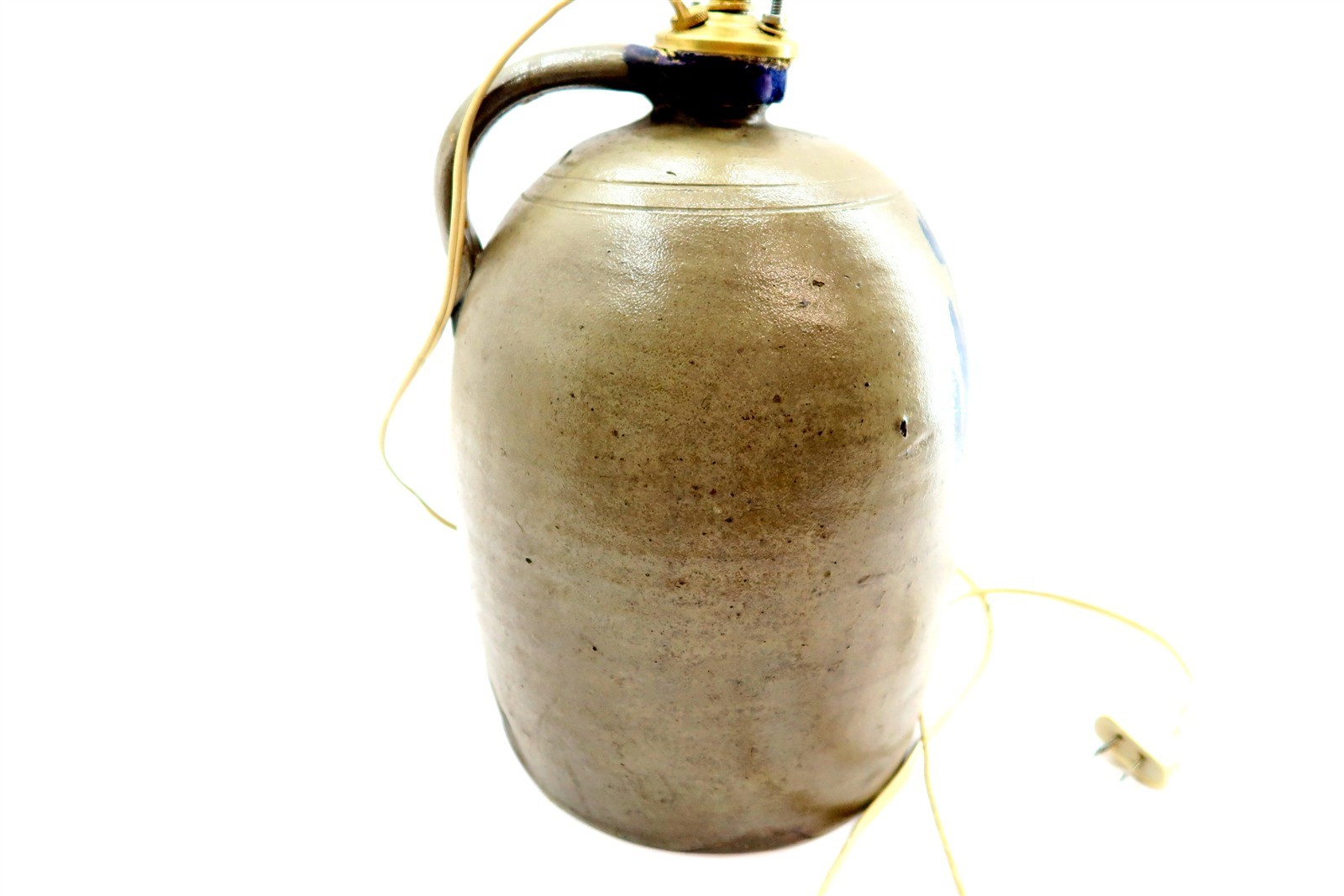 Vintage Blue Decorated Stoneware Handled Jug Table Lamp 28" Tall AS-IS CONDITION