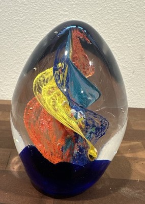 Art Glass Paperweight Egg Clear Glass Swirls Murano Style Blue Orange Yellow